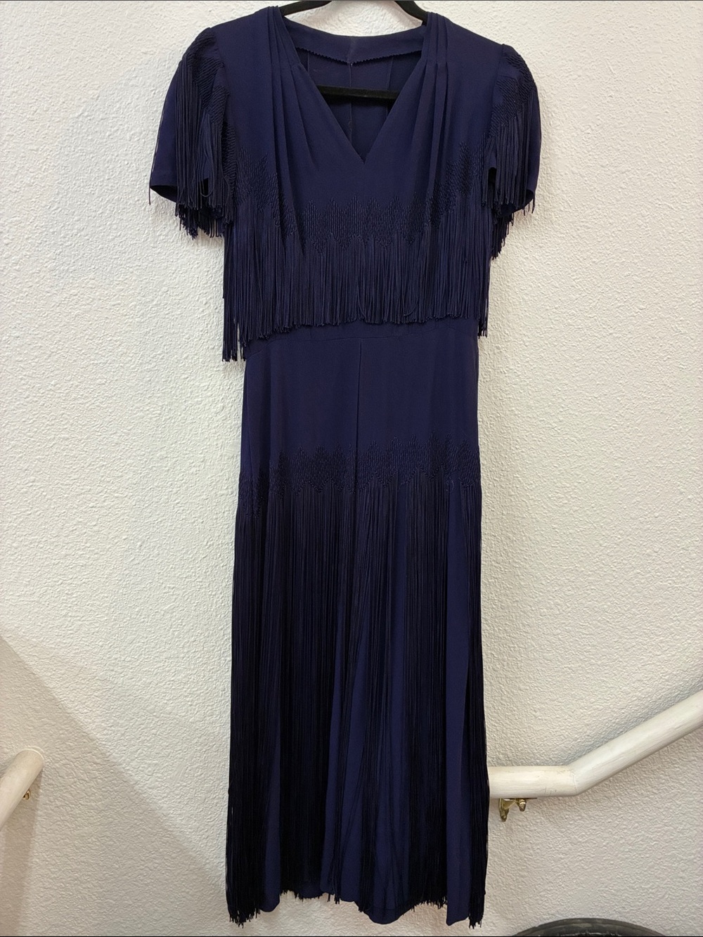 Vintage Crepe 1930's 1920's Navy Blue HEAVY FRINGE Midi Dress Secretary Small